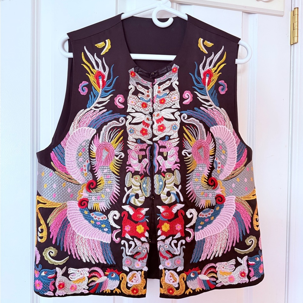 Embroidered Black Vest with Pink & Multicolor Phoenix Motifs